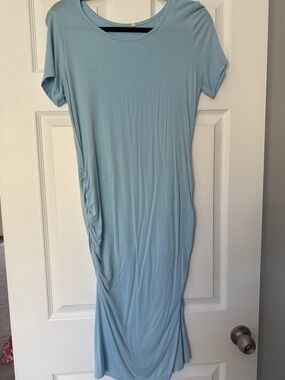 Light Blue Short-Sleeve Ruched Maxi Dress